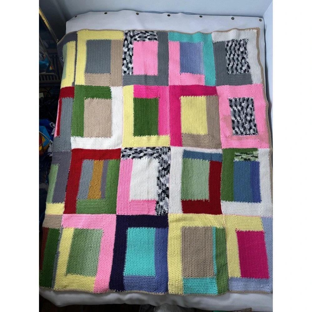 Handmade Crochet Patchwork Blanket Throw Boho Colorful Cozy Quilt Bedspread